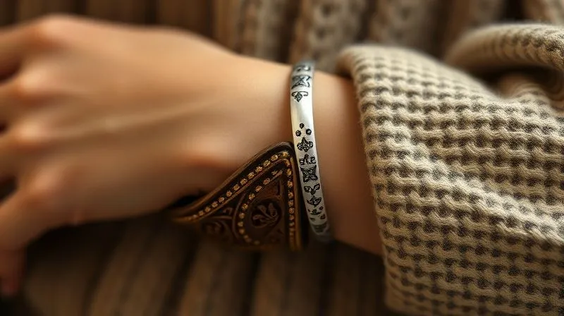 A close-up, photorealistic, professional photography, 8K, cinematic lighting, sharp focus, depth of field, shot on a high-end DSLR, showing a vintage, intricately carved wooden bangle layered with a modern, sleek silver cuff bracelet on a model's wrist, against a backdrop of soft cashmere fabric, emphasizing the textural contrast.