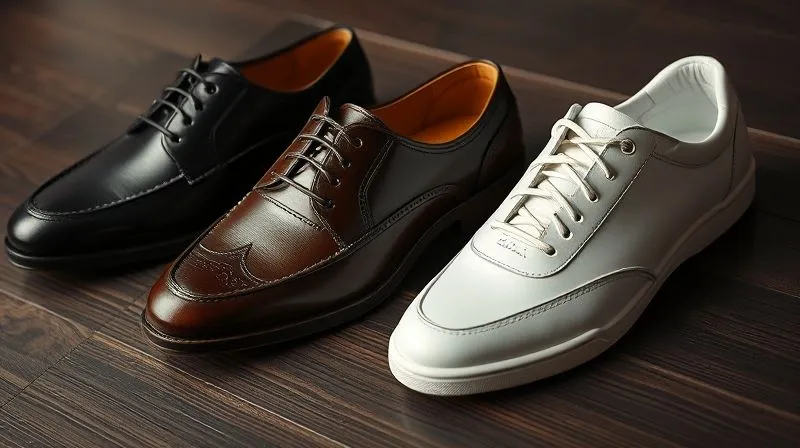 A close-up, photorealistic image of three pairs of impeccably polished men's dress shoes: a classic black Oxford, a modern dark brown loafer, and a sleek, minimalist white leather sneaker, arranged on a dark wooden surface. Cinematic lighting highlights the texture and craftsmanship. Sharp focus on the shoes, with a shallow depth of field. Shot on a high-end DSLR, 8K hyper-detailed.
