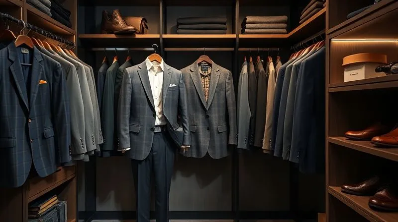 A photorealistic, professional photography shot of a meticulously organized men's walk-in wardrobe, showcasing a curated capsule collection of executive menswear. Tailored suits, versatile blazers, crisp shirts, and quality knitwear are neatly hung, with premium leather shoes and subtle accessories displayed on shelves. The color palette is sophisticated and cohesive. Cinematic lighting, sharp focus on the garments, depth of field blurring the background. Shot on a high-end DSLR, 8K hyper-detailed.