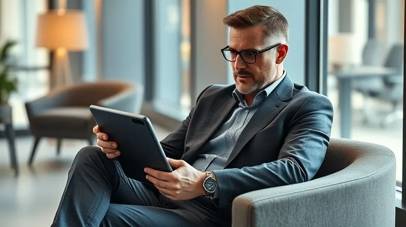 A photorealistic, professional photography shot of a male executive, mid-40s, sitting comfortably in a stylish, modern office. He is casually scrolling through a high-end tablet, which displays a curated menswear fashion blog. The lighting is soft and natural, emphasizing a relaxed yet focused demeanor. Sharp focus on the executive and tablet, with a shallow depth of field blurring the background. Shot on a high-end DSLR, 8K hyper-detailed.