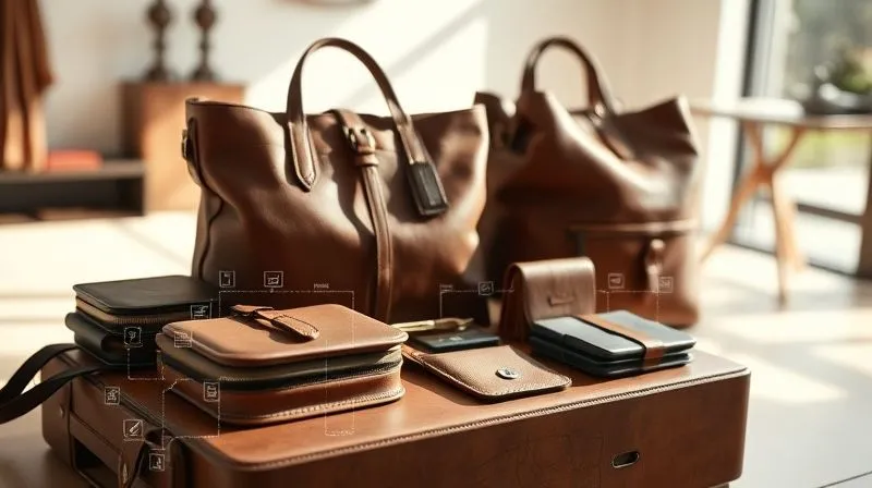 A photorealistic image of luxurious, handcrafted leather goods displayed in a minimalist, sunlit studio, with subtle digital elements overlaid showing a transparent supply chain diagram. Sharp focus on the texture of the leather and the clarity of the digital overlay, cinematic lighting, depth of field blurring the background. 8K hyper-detailed, professional photography, shot on a high-end DSLR.