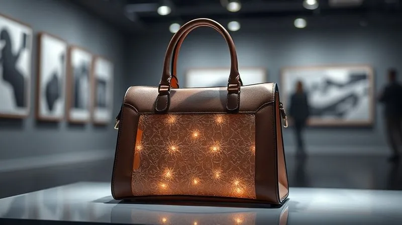 A photorealistic image of a classic luxury handbag, impeccably crafted, subtly incorporating a futuristic, translucent material or a delicate, modern digital embroidery pattern. Cinematic lighting emphasizing the blend of traditional craftsmanship and innovative design. Sharp focus on the bag's details, depth of field blurring a contemporary art gallery setting. 8K hyper-detailed, professional photography, shot on a high-end DSLR.
