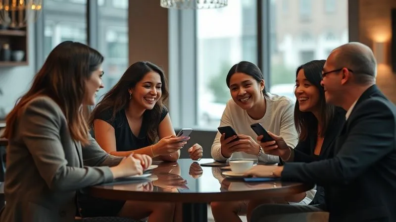 photorealistic, professional photography, 8K, cinematic lighting, sharp focus, depth of field, shot on a high-end DSLR. A young, diverse group of friends, dressed in stylish, modern luxury fashion, laughing and interacting with their smartphones in a chic, minimalist cafe, with subtle reflections of digital interfaces on the table. The scene captures authentic connection and digital fluidity.