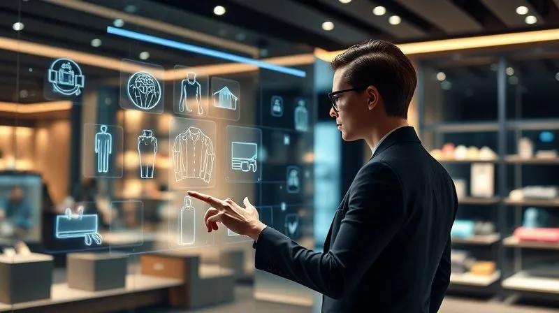 photorealistic, professional photography, 8K, cinematic lighting, sharp focus, depth of field, shot on a high-end DSLR. A person wearing elegant, modern luxury attire, effortlessly navigating a visually stunning, immersive 3D digital luxury boutique on a large, transparent touch screen, with holographic product displays and personalized AI assistance. The background is a sleek, futuristic, yet warm digital environment.