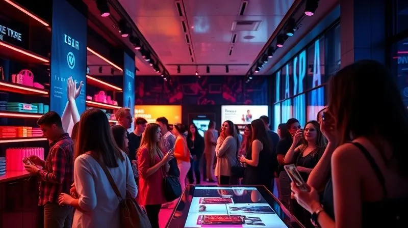 photorealistic, professional photography, 8K, cinematic lighting, sharp focus, depth of field, shot on a high-end DSLR. A vibrant, luxurious pop-up store interior, bathed in dramatic, colorful lighting, showcasing modern luxury products. Young, stylish attendees are interacting with interactive digital displays and taking photos in a beautifully designed, immersive space, blending physical and digital elements seamlessly.