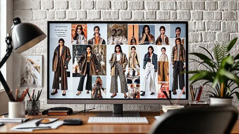 A photorealistic, vibrant mood board on a digital screen, showcasing a collage of 2024 fashion micro-trends: oversized blazers, wide-leg trousers, metallic accents, and natural textures. Professional photography, 8K, cinematic lighting, sharp focus on the diverse elements, depth of field blurring a stylish workspace, shot on a high-end DSLR.