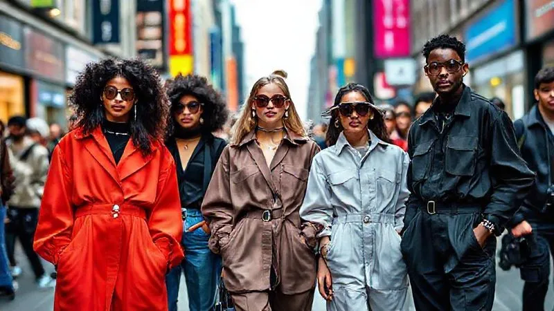 A photorealistic image of a diverse group of people, each showcasing a unique 2024 fashion trend (e.g., oversized tailoring, balletcore, utility wear) in a bustling urban setting. Professional photography, 8K, cinematic lighting, sharp focus on the individual styles, depth of field blurring the background, shot on a high-end DSLR. The scene conveys authenticity and modern street style.