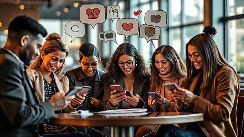 A photorealistic image of a diverse group of stylish individuals interacting digitally on their phones and laptops, with speech bubbles and fashion icons floating above, symbolizing community engagement and feedback. Professional photography, 8K, cinematic lighting, sharp focus on the individuals and their devices, depth of field blurring a modern cafe setting, shot on a high-end DSLR.