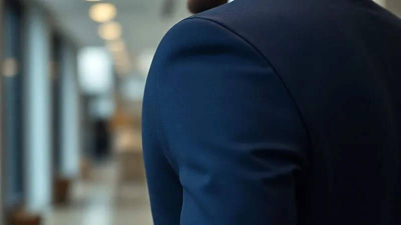 A photorealistic image of a perfectly tailored navy blue suit jacket on a well-built man, with sharp focus on the shoulder seam and sleeve length, showing a sliver of white shirt cuff. The background is a blurred, sophisticated office interior. Professional photography, 8K, cinematic lighting, depth of field.