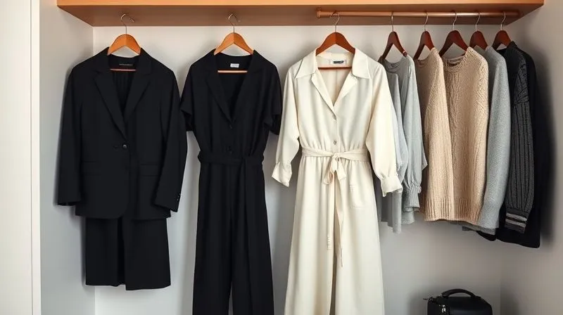 A photorealistic professional photography, 8K, cinematic lighting, sharp focus, depth of field, shot on a high-end DSLR of a neatly organized, minimalist wardrobe containing a capsule collection of versatile women's workwear in neutral tones (black, navy, grey, white, beige), featuring a tailored blazer, wide-leg trousers, a knit midi dress, a silk blouse, and a comfortable but chic sweater, arranged aesthetically.