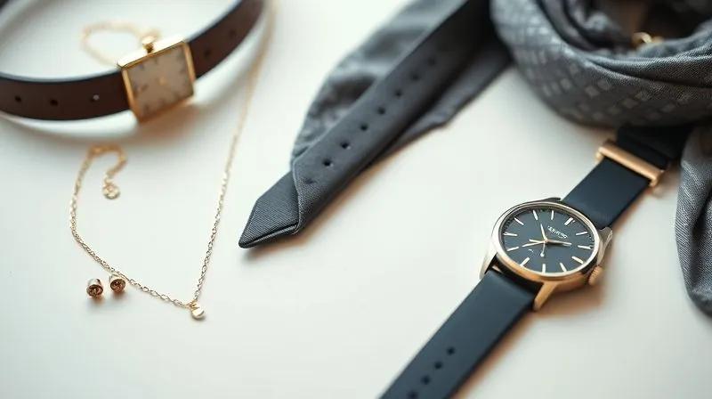 A photorealistic professional photography, 8K, cinematic lighting, sharp focus, depth of field, shot on a high-end DSLR of a collection of elegant women's work accessories artfully arranged on a clean, minimalist surface. Items include a delicate gold necklace, classic stud earrings, a sleek leather belt, a silk scarf with a subtle pattern, and a professional watch, all in harmonious tones.