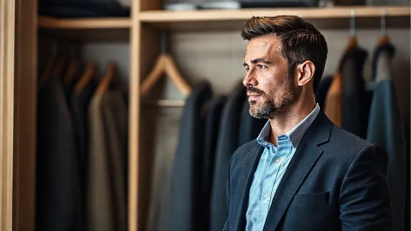 photorealistic, professional photography, 8K, cinematic lighting, sharp focus, depth of field, shot on a high-end DSLR, a distinguished male senior manager in a well-tailored navy blazer and crisp light blue shirt, confidently looking at his organized, minimalist wardrobe, which contains a curated selection of high-quality business casual garments. The scene suggests thoughtful selection and personal style.