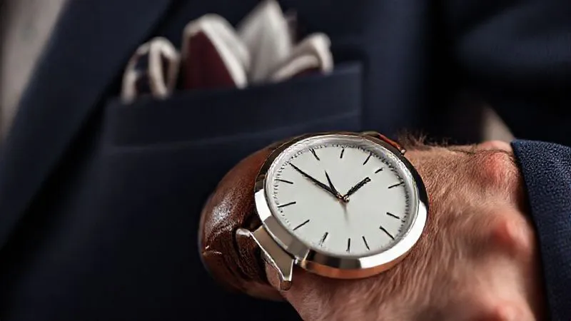 photorealistic, professional photography, 8K, cinematic lighting, sharp focus, depth of field, shot on a high-end DSLR, a close-up of a senior executive's wrist, showcasing a classic, elegant watch with a leather strap. In the background, subtly blurred, are a folded silk pocket square peeking from a blazer pocket and a high-quality leather belt. The image emphasizes meticulous attention to detail and understated luxury.