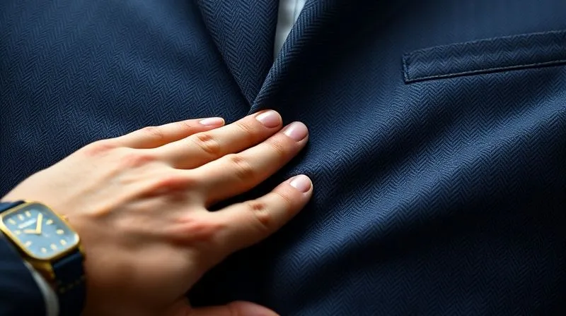 A photorealistic, professional photography, 8K, cinematic lighting, sharp focus, depth of field, shot on a high-end DSLR, showing a close-up, tactile view of a luxurious, dark navy suit fabric with a subtle herringbone texture. The fibers are clearly visible, showcasing the fine weave and rich depth of color, with soft light highlighting the natural sheen. A hand, with a refined watch, gently touches the fabric.