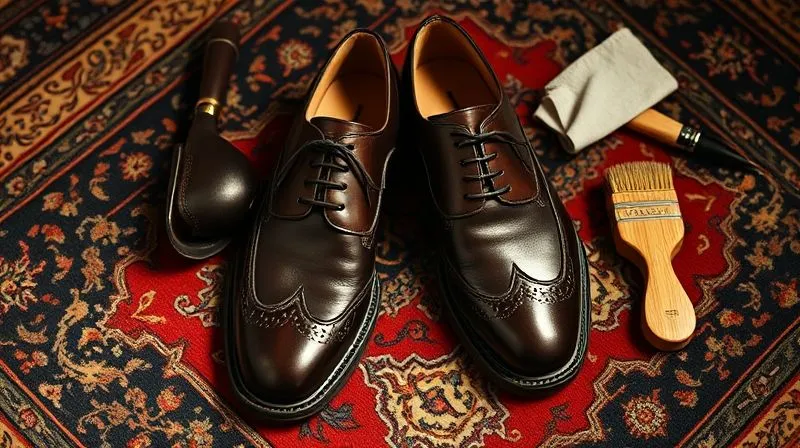 A photorealistic, professional photography, 8K, cinematic lighting, sharp focus, depth of field, shot on a high-end DSLR, showing a high-angle shot of a pair of impeccably polished, dark brown leather Oxford shoes on a Persian rug. The leather gleams under the soft, directional light, highlighting the fine stitching and classic cap-toe design. A subtle dust cloth and a small brush are artfully placed nearby, suggesting meticulous care.