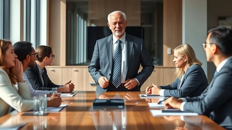 A photorealistic, professional photography, 8K, cinematic lighting, sharp focus, depth of field, shot on a high-end DSLR, of a senior leader in their late 50s, impeccably dressed in a tailored charcoal suit, crisp white shirt, and a subtle patterned tie. They are standing confidently at the head of a modern board table, engaging with a diverse group of executives, their posture and attire exuding quiet authority and seasoned wisdom. The scene is bathed in natural light, highlighting the leader's composed demeanor and refined style.