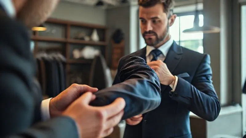 photorealistic, professional photography, 8K, cinematic lighting, sharp focus, depth of field, shot on a high-end DSLR, a man in a navy blazer getting his sleeve length precisely adjusted by a skilled tailor, the tailor's hands are focused on the fabric, the man looks confident and attentive, in a bright, elegant tailor shop environment, soft natural light streaming in, conveying precision and craftsmanship