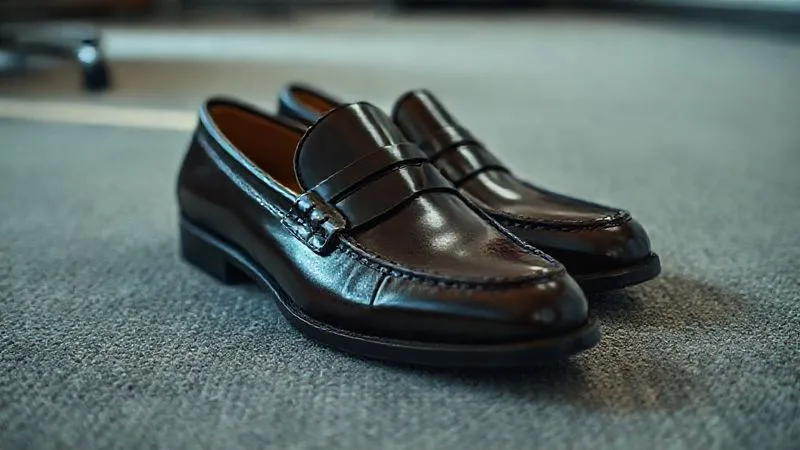 photorealistic, professional photography, 8K, cinematic lighting, sharp focus, depth of field, shot on a high-end DSLR, a close-up of a pair of perfectly polished dark brown leather penny loafers, resting on a clean, subtly textured office carpet, with a slight blur in the background, highlighting the impeccable craftsmanship and shine of the shoes, conveying meticulous attention to detail