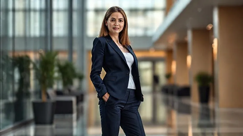A photorealistic image of a woman in a perfectly tailored navy blazer and slim-fit trousers, standing confidently in a modern office lobby. The blazer's sharp lines and the fabric's subtle texture are in sharp focus, with cinematic lighting highlighting the impeccable fit. Depth of field blurs the background, emphasizing her professional silhouette. 8K hyper-detailed, professional photography.
