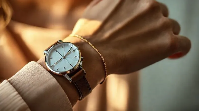 A photorealistic close-up of a woman's wrist, featuring an elegant, minimalist silver watch with a leather strap, paired with a delicate gold bracelet. The focus is sharp on the intricate details of the accessories, with cinematic lighting creating subtle highlights and shadows. The background is softly blurred, emphasizing the refined taste. Shot on a high-end DSLR, 8K hyper-detailed, professional photography.