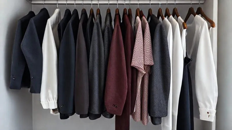 A photorealistic, professional photography of a neatly organized, minimalist capsule wardrobe for a professional woman. Garments in navy, charcoal, white, and a subtle burgundy are neatly hung and folded, showcasing high-quality fabrics and classic silhouettes. The lighting is soft and even, highlighting the clean lines and versatility of the collection. Shot on a high-end DSLR, 8K hyper-detailed, depth of field blurring the background slightly.
