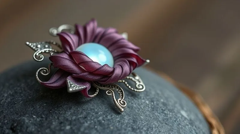 A photorealistic, professional photography, 8K, cinematic lighting, sharp focus, depth of field, shot on a high-end DSLR. A close-up of an intricate, unique wearable art brooch, combining delicate hand-dyed silk and sculpted sterling silver, resting on a smooth, dark-grey stone. The brooch subtly glows with an inner light, mimicking bioluminescence, highlighting its innovative design and conceptual depth. The background is softly blurred, focusing entirely on the piece's artistry.
