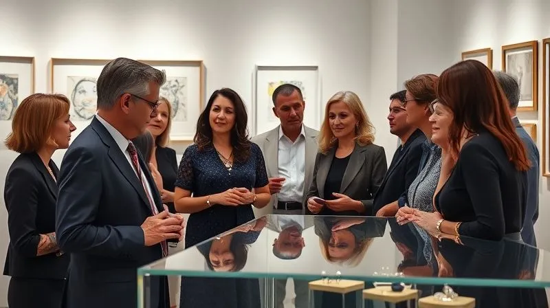 A photorealistic, professional photography, 8K, cinematic lighting, sharp focus, depth of field, shot on a high-end DSLR. A diverse group of sophisticated art collectors, elegantly dressed, engaging in conversation around a display case filled with unique wearable art jewelry in a well-lit, modern art gallery. Subtle expressions of admiration and contemplation are visible on their faces, illustrating a discerning target audience.