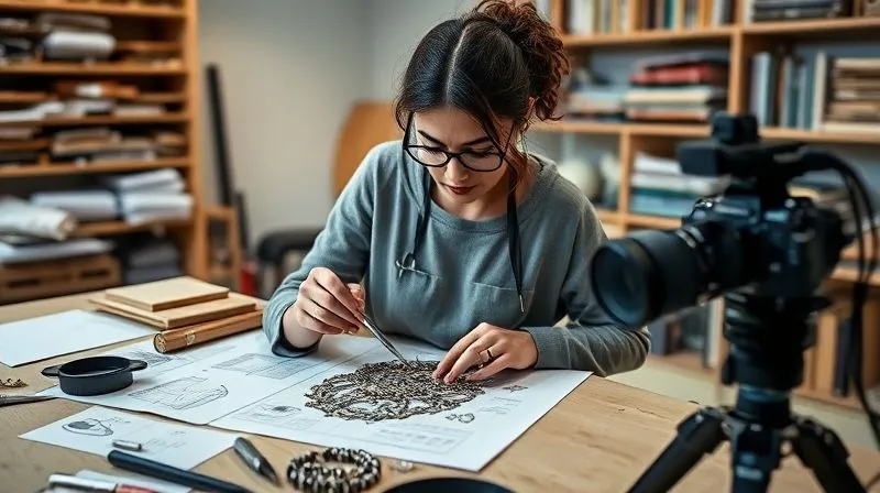 A photorealistic, professional photography, 8K, cinematic lighting, sharp focus, depth of field, shot on a high-end DSLR. An artist, with a thoughtful and focused expression, meticulously documenting her intricate wearable art piece on a clean workbench. She is surrounded by design sketches, specialized tools, and a professional camera setup capturing the details. The background shows shelves of organized materials and reference books, emphasizing a dedicated and professional creative environment.
