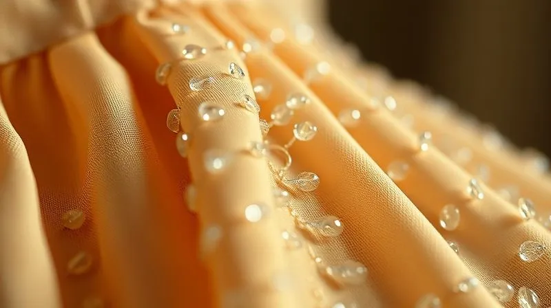 Photorealistic, professional photography, 8K, cinematic lighting, sharp focus, depth of field, shot on a high-end DSLR. A super close-up, macro shot of intricate hand-sewn glass beadwork and small metal sequins on a delicate 1920s silk flapper dress. The beads show slight imperfections and a natural shimmer, with tiny stitches visible, emphasizing the craftsmanship. The background is softly blurred to highlight the embellishments.