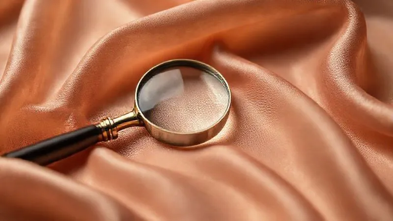 A close-up, photorealistic shot of a delicate, shimmering silk crepe de chine fabric in a muted jewel tone, showing its subtle crinkled texture and luxurious drape, with a vintage magnifying glass resting on it, professional photography, 8K, cinematic lighting, sharp focus, depth of field, shot on a high-end DSLR.