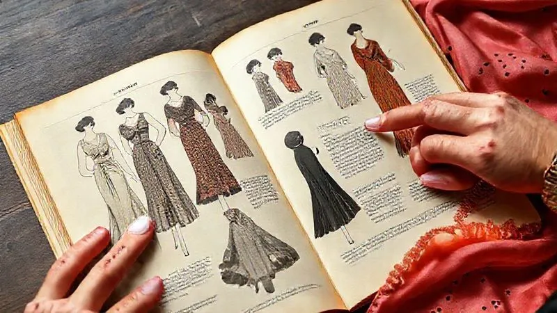A photorealistic image of a vintage fashion catalog from the 1920s, open to a page displaying multiple flapper dress designs, with a discerning hand pointing to a specific detail on one dress. A swatch of period-appropriate silk fabric lies next to the catalog, professional photography, 8K, cinematic lighting, sharp focus, depth of field, shot on a high-end DSLR.