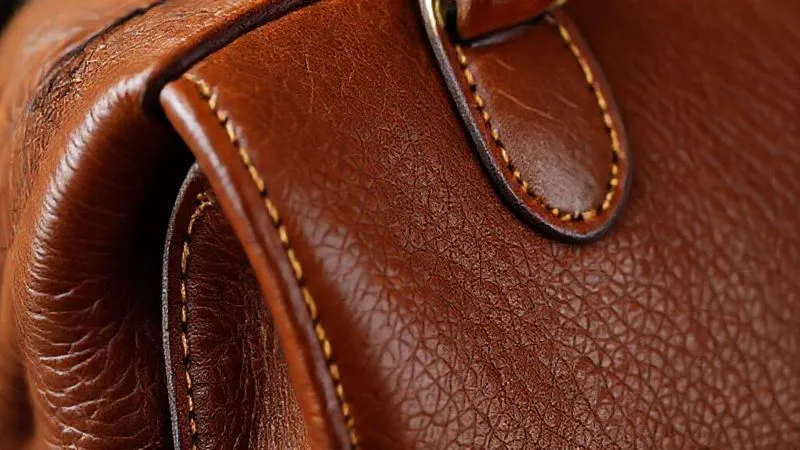 A close-up, photorealistic image of the intricate, uniform stitching on a high-quality vintage leather handbag, with a subtle texture of genuine leather visible. Cinematic lighting, sharp focus, depth of field. 8K hyper-detailed.
