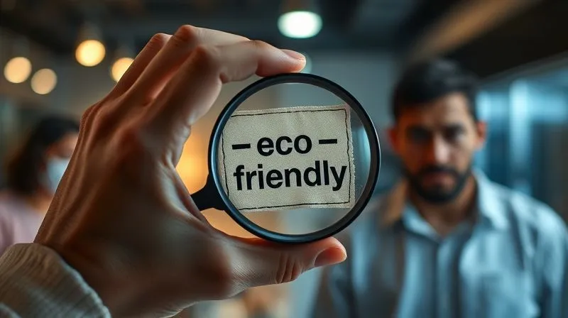 A photorealistic image of a hand holding a magnifying glass over a fabric label that ambiguously says "eco-friendly," with a blurred background of a skeptical consumer looking on. The scene is bathed in soft, cinematic lighting, with sharp focus on the label and magnifying glass, and a shallow depth of field. 8K hyper-detailed, professional photography, shot on a high-end DSLR.