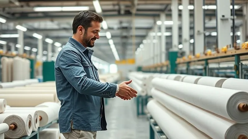 A photorealistic image of a fashion brand representative shaking hands with a textile factory manager in a clean, modern sustainable production facility, surrounded by rolls of eco-friendly fabric. The scene is bathed in cinematic lighting, with a professional setting, sharp focus on the handshake, and a shallow depth of field. 8K hyper-detailed, professional photography, shot on a high-end DSLR.