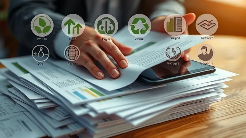 photorealistic, professional photography, 8K, cinematic lighting, sharp focus, depth of field, shot on a high-end DSLR, a person's hands sifting through a stack of documents and digital tablets, with various sustainability logos and reports visible, conveying the meticulous process of due diligence and information verification, warm, natural light.