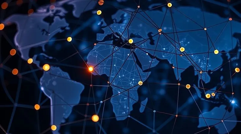 A photorealistic image of intertwined threads forming a complex, global network, with small, glowing nodes representing ethical checkpoints. Cinematic lighting, sharp focus, depth of field. The image should convey both complexity and the potential for clarity through structured intervention. 8K, professional photography.