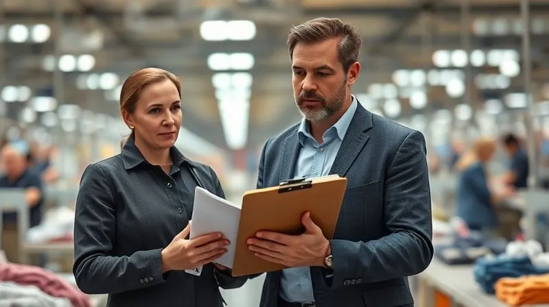A photorealistic image of an auditor with a clipboard, observing a garment factory floor. The scene is well-lit, professional, but with a subtle tension in the air. Sharp focus on the auditor's discerning expression, depth of field blurring the background workers. Cinematic lighting, 8K, professional photography.