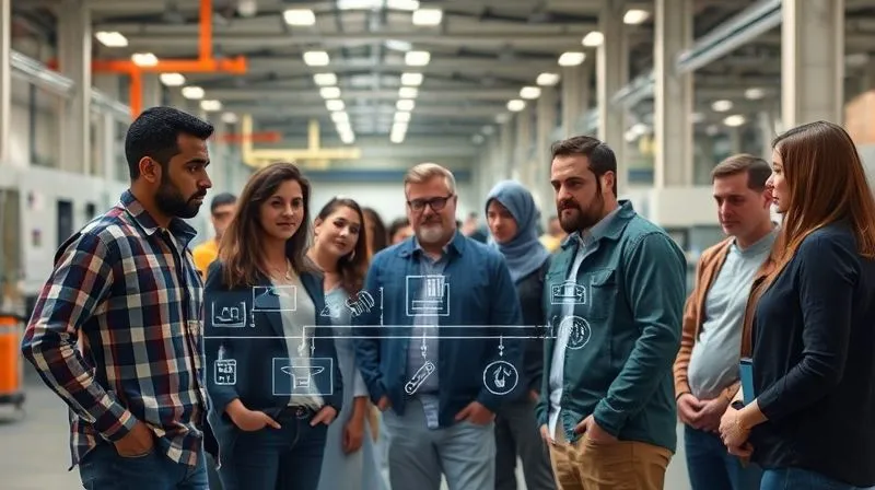A photorealistic image of a diverse group of people (designers, factory managers, consumers) standing together, looking at a transparent digital overlay of a supply chain. The atmosphere is collaborative and open, with soft, natural light. Sharp focus, depth of field. 8K, professional photography.