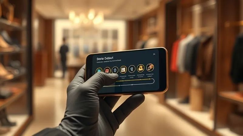 Photorealistic, professional photography, 8K, cinematic lighting, sharp focus, depth of field, shot on a high-end DSLR. A sleek, modern smartphone held in a gloved hand, displaying a detailed digital interface with a blockchain ledger. On the screen, a timeline shows the journey of an exotic skin product, with icons representing 'farm,' 'tannery,' 'atelier,' and 'retail.' The background is a softly blurred, high-end luxury retail environment.