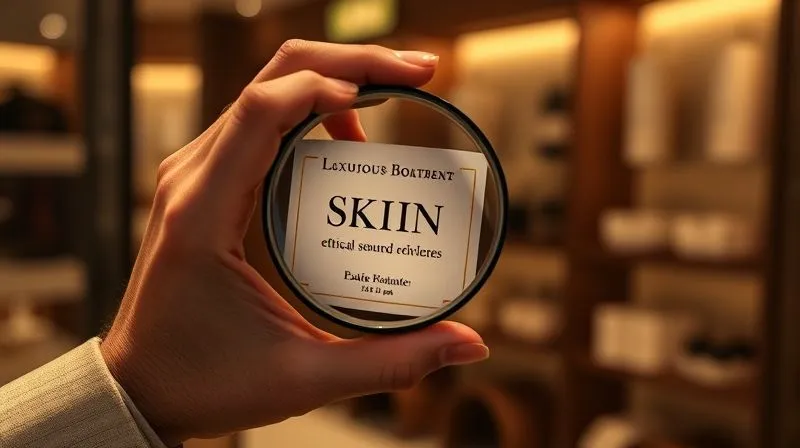 Photorealistic, professional photography, 8K, cinematic lighting, sharp focus, depth of field, shot on a high-end DSLR. A person's hand, elegantly dressed, holding a magnifying glass over a luxurious exotic skin product label. The label has subtle, intricate details that hint at ethical sourcing information. The background is a softly lit, sophisticated boutique environment, with a sense of thoughtful consideration and empowerment.