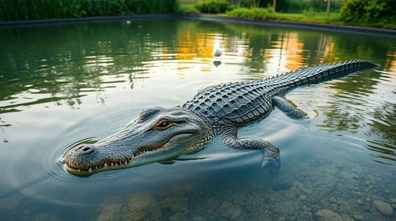 Photorealistic, professional photography, 8K, cinematic lighting, sharp focus, depth of field, shot on a high-end DSLR. A majestic, well-cared-for crocodile swimming gracefully in clear, natural-looking water within a spacious, ethically managed farm enclosure. The environment is lush and green, conveying a sense of harmony and responsible stewardship. Soft, golden hour light illuminates the scene, emphasizing quality and care.