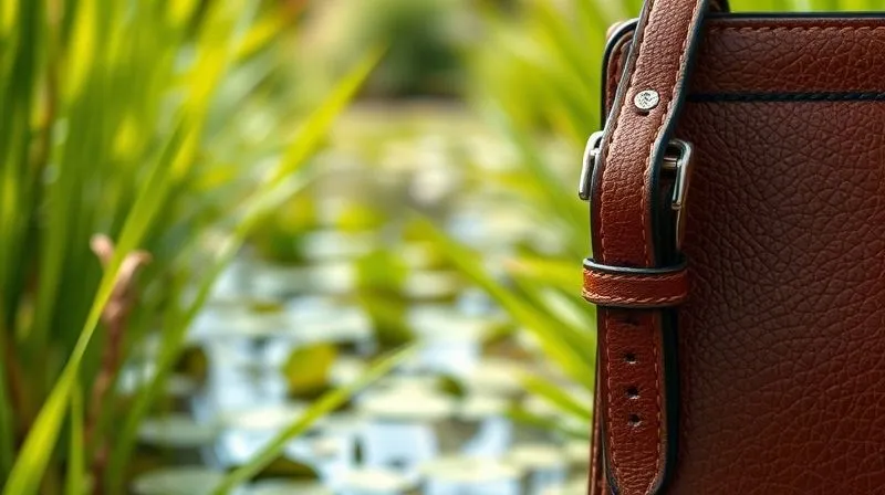 A photorealistic image showing a luxurious exotic leather product (e.g., a handbag or watch strap) juxtaposed with a serene, healthy natural environment, perhaps a lush wetland or savanna. The image should convey a harmonious balance between luxury and nature, emphasizing responsibility. Professional photography, 8K, cinematic lighting, sharp focus on both elements, depth of field, shot on a high-end DSLR.