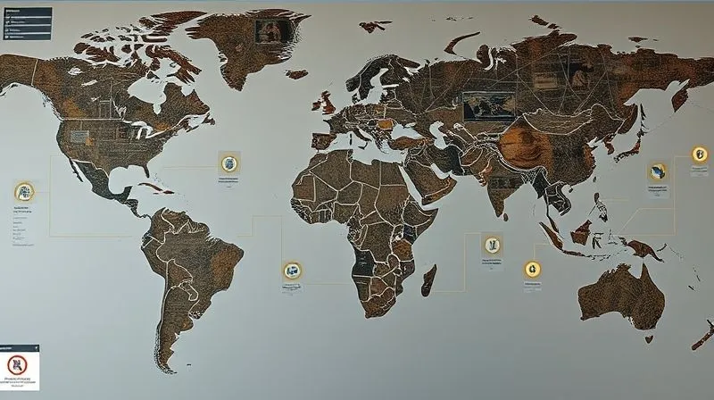 A photorealistic, intricate diagram or map showing a complex global supply chain for exotic leather, with highlighted points of traceability (e.g., farm, tannery, manufacturer, brand). Digital icons representing blockchain or QR codes should be visible at key stages. Professional photography, 8K, cinematic lighting, sharp focus on the interconnectedness, depth of field, shot on a high-end DSLR.