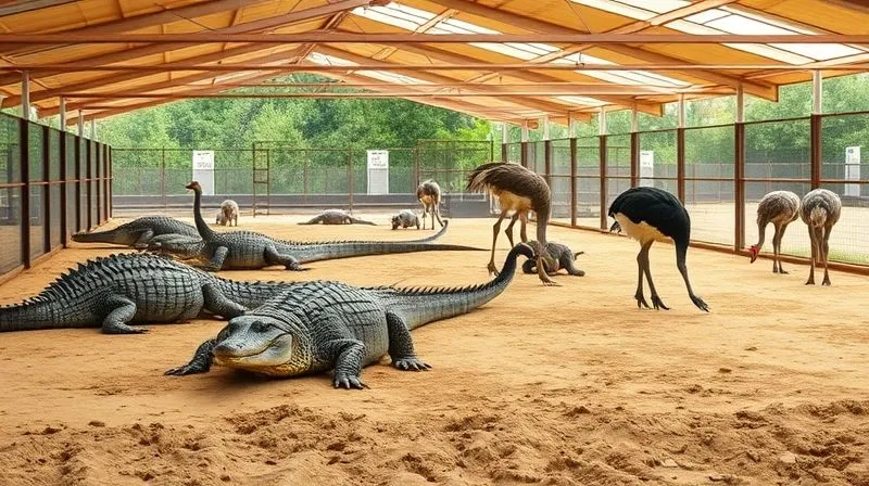 A photorealistic image depicting a clean, spacious, and naturalistic enclosure for exotic animals (e.g., crocodiles or ostriches) on a well-managed farm, showing animals in a calm and healthy state. The scene should convey responsible husbandry and animal well-being. Professional photography, 8K, cinematic lighting, sharp focus on the animals and their environment, depth of field, shot on a high-end DSLR.