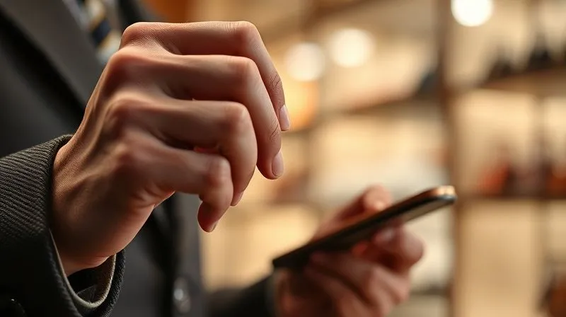 A photorealistic close-up of a discerning consumer's hand carefully examining a luxury exotic leather product, possibly looking at a small tag or QR code on the item. The background is softly blurred, hinting at a high-end boutique setting. The image conveys thoughtful consideration and the act of verifying details. Professional photography, 8K, cinematic lighting, sharp focus on the hand and product, depth of field, shot on a high-end DSLR.