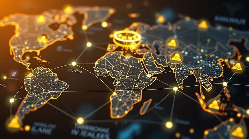 photorealistic, professional photography, 8K, cinematic lighting, sharp focus, depth of field, shot on a high-end DSLR, an intricate, glowing digital network map connecting various global locations, with small, stylized icons representing mines, cutting houses, and jewelers, emphasizing transparency and interconnectedness in a complex supply chain.