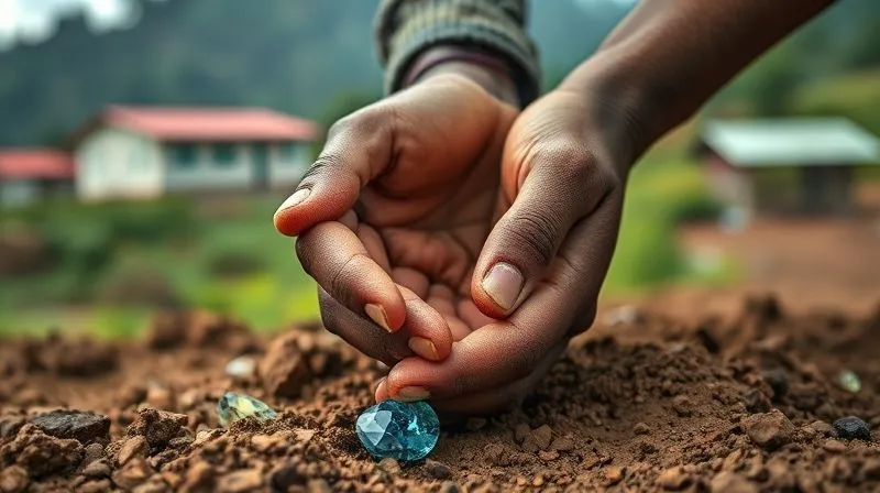 photorealistic, professional photography, 8K, cinematic lighting, sharp focus, depth of field, shot on a high-end DSLR, a close-up of a miner's hands carefully sifting through earth for gems, with a blurred background showing a vibrant, well-supported community (school, clinic) in a lush, green landscape, symbolizing positive impact and responsible mining.