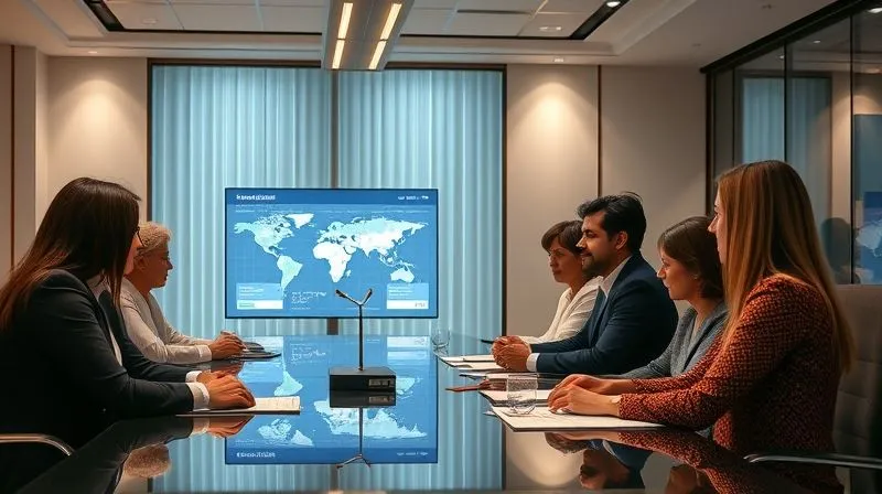 photorealistic, professional photography, 8K, cinematic lighting, sharp focus, depth of field, shot on a high-end DSLR, a diverse team of luxury jewelry professionals in a modern, elegant boardroom, actively engaged in a discussion about a digital display showing supply chain data, demonstrating collaboration and ethical decision-making.