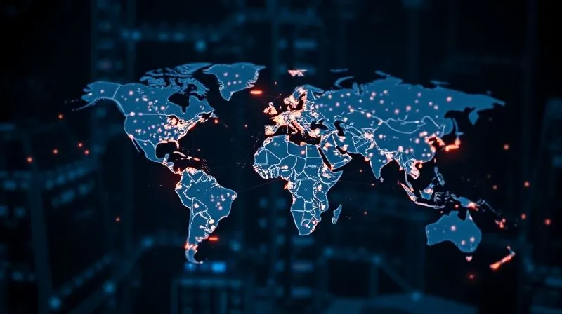 A photorealistic, professional photography, 8K, cinematic lighting, sharp focus, depth of field, shot on a high-end DSLR, showing a stylized, glowing blockchain network overlaying a complex global supply chain map, with nodes lighting up as products move from raw material to retail, symbolizing immutable transparency and interconnectedness.