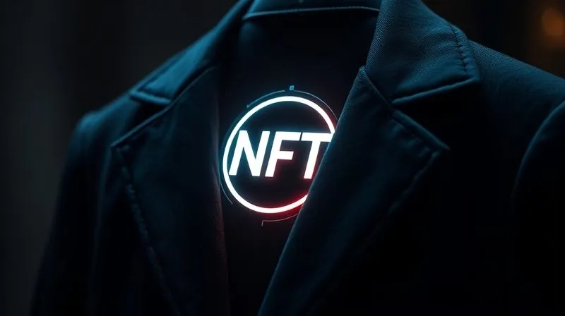 A photorealistic, professional photography, 8K, cinematic lighting, sharp focus, depth of field, shot on a high-end DSLR, showing a high-fashion garment with a subtle, glowing digital overlay of an NFT symbol and data points, reflecting authenticity and verifiable ownership, blending physical luxury with digital proof.